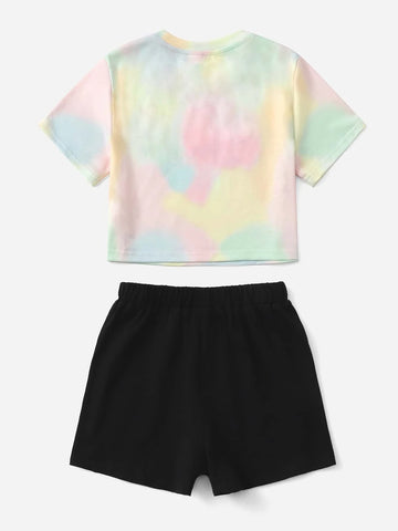 Girls Tie Dye & Letter Graphic Tee & Shorts Set