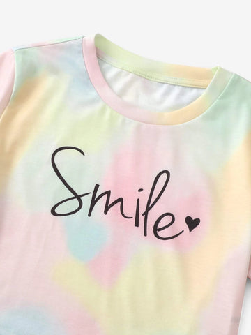 Girls Tie Dye & Letter Graphic Tee & Shorts Set