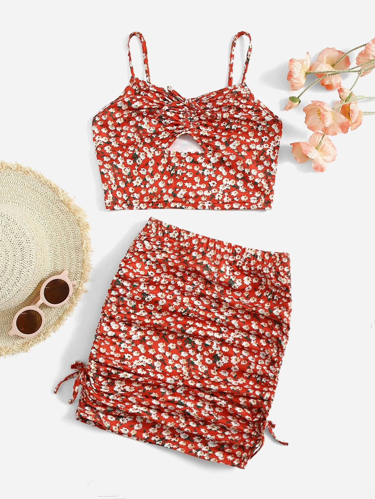 Girls Ditsy Floral Tie Front Ruched Cami Top & Skirt Set