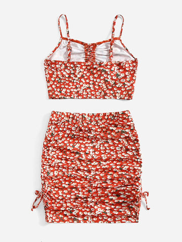 Girls Ditsy Floral Tie Front Ruched Cami Top & Skirt Set