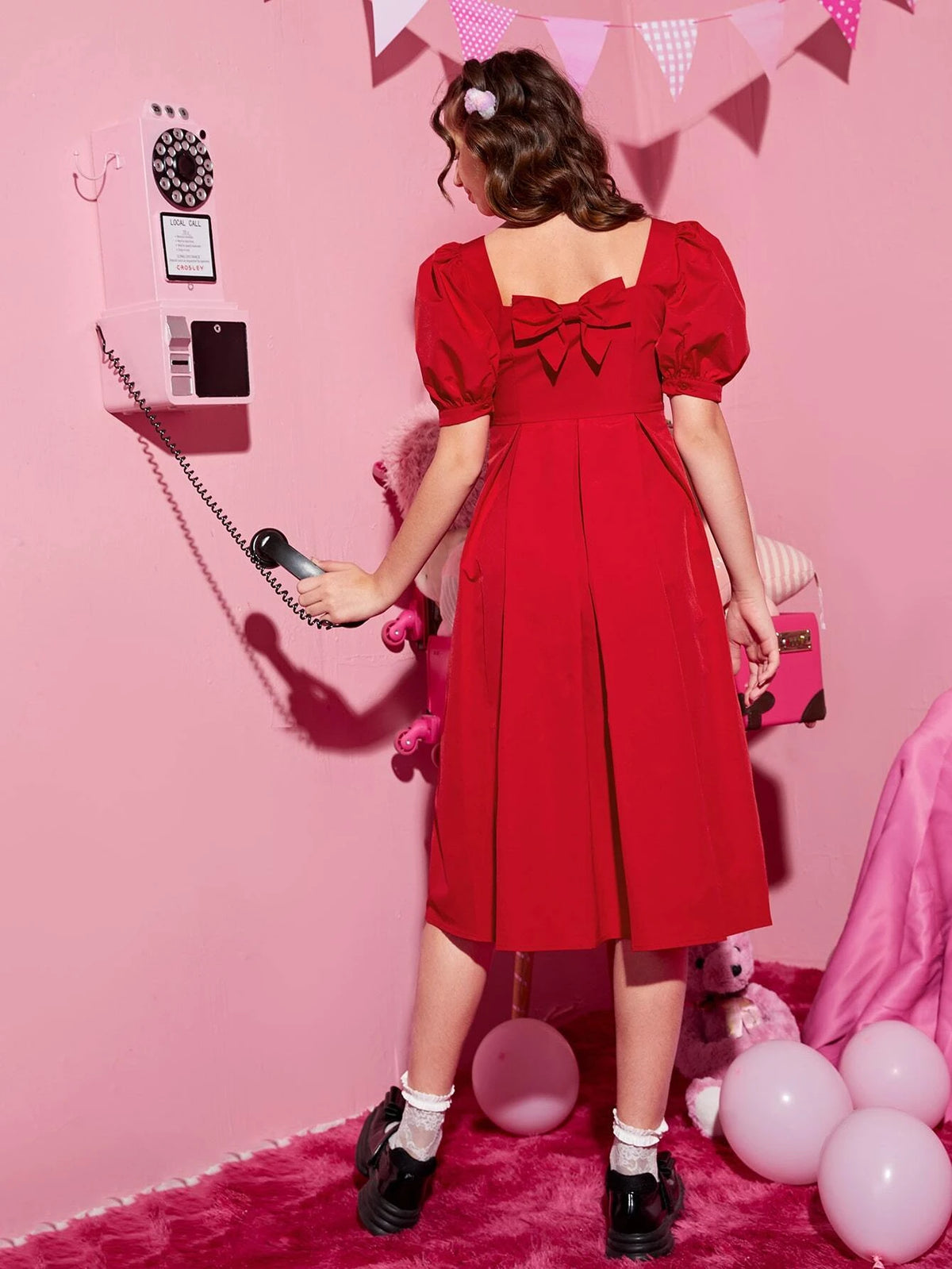 Teen Girls Bow Back Puff Sleeve Solid Dress