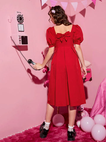 Teen Girls Bow Back Puff Sleeve Solid Dress