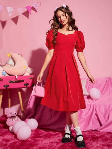 Teen Girls Bow Back Puff Sleeve Solid Dress
