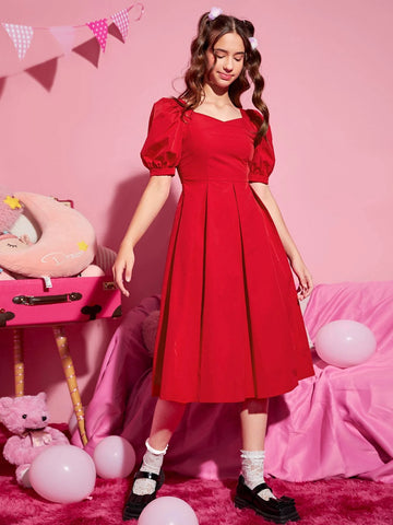 Teen Girls Bow Back Puff Sleeve Solid Dress