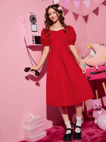 Teen Girls Bow Back Puff Sleeve Solid Dress