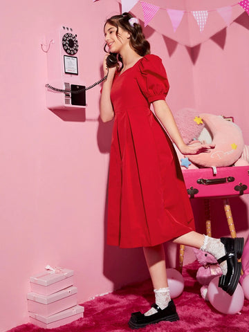 Teen Girls Bow Back Puff Sleeve Solid Dress