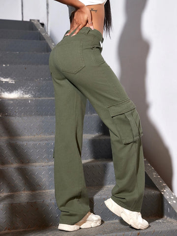 Solid Flap Pocket Side Cargo Jeans