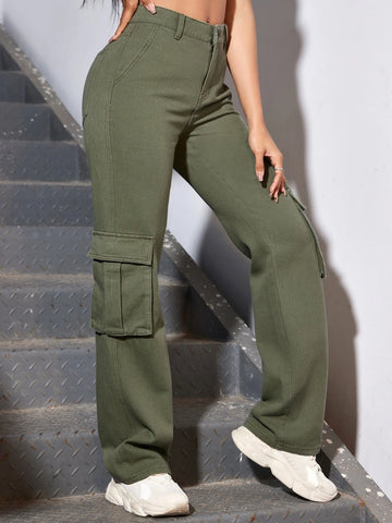 Solid Flap Pocket Side Cargo Jeans
