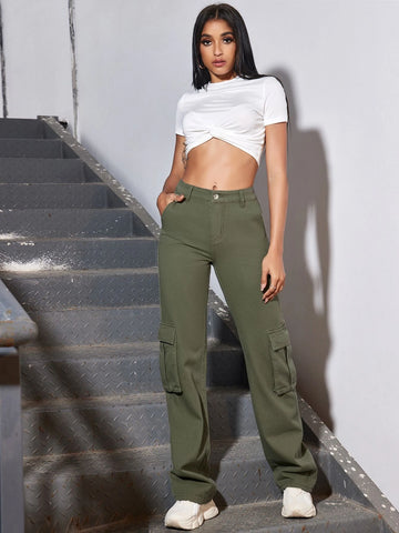 Solid Flap Pocket Side Cargo Jeans