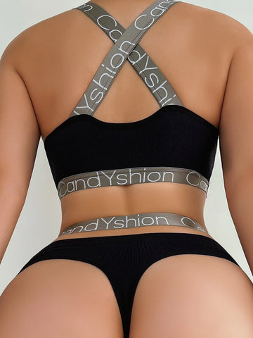 Seamless Letter Tape Thong Lingerie Set