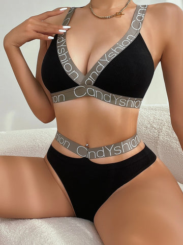 Seamless Letter Tape Thong Lingerie Set