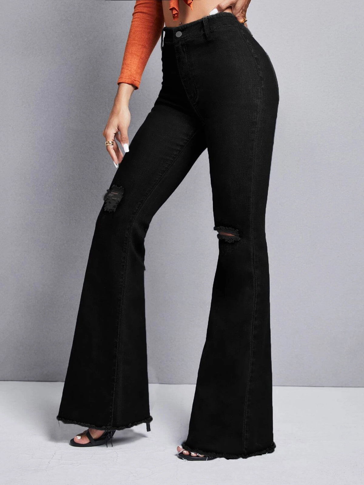 High Waisted Raw Hem Flare Leg Jeans