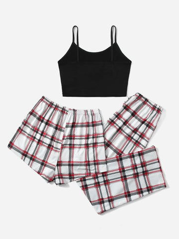 3pcs Plaid Bow Front PJ Set