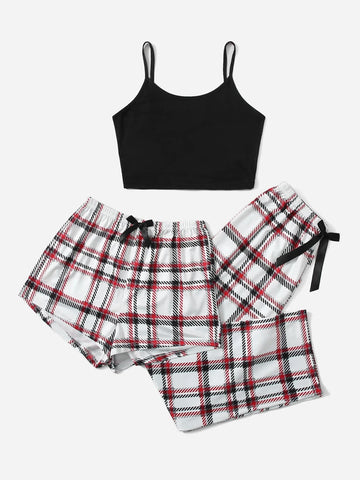 3pcs Plaid Bow Front PJ Set
