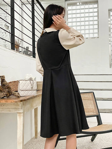 DAZY Colorblock Peter Pan Collar Puff Sleeve Dress