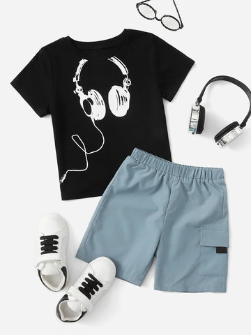 Toddler Boys Earphone Print Tee & Flap Pocket Shorts Set