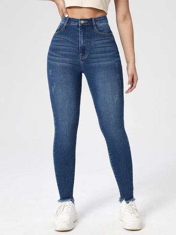 High Waist Cat Scratch Raw Hem Skinny Jeans