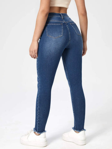 High Waist Cat Scratch Raw Hem Skinny Jeans