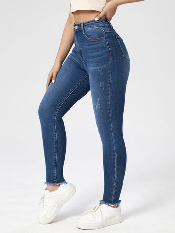 High Waist Cat Scratch Raw Hem Skinny Jeans