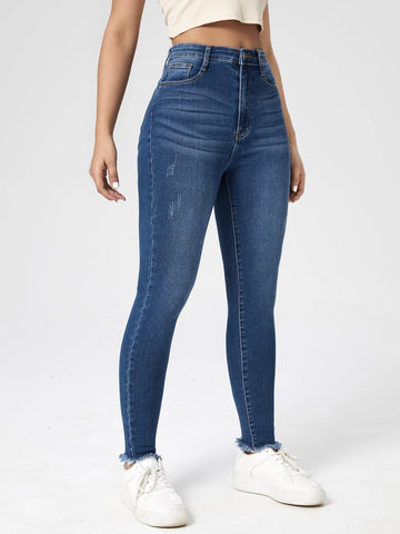 High Waist Cat Scratch Raw Hem Skinny Jeans