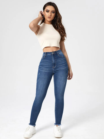 High Waist Cat Scratch Raw Hem Skinny Jeans