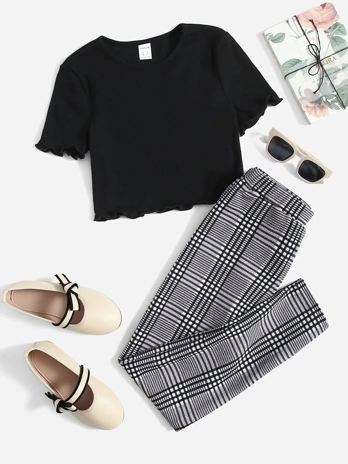 Girls Lettuce Trim Top & Plaid Pants