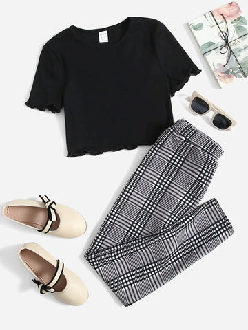 Girls Lettuce Trim Top & Plaid Pants