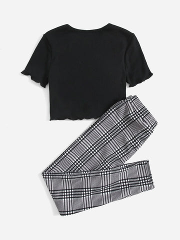 Girls Lettuce Trim Top & Plaid Pants