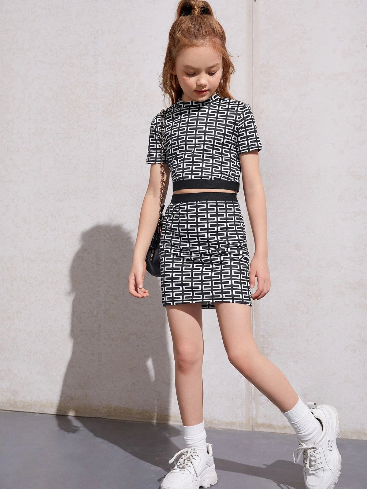 Girls Geo Print Mock Neck Tee And Skirt Set