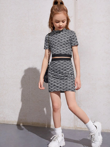 Girls Geo Print Mock Neck Tee And Skirt Set