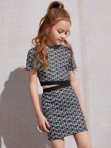Girls Geo Print Mock Neck Tee And Skirt Set