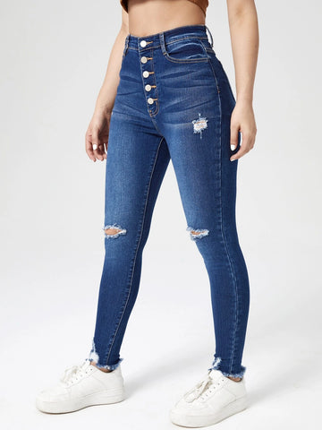 High Waist Button Front Ripped Raw Hem Skinny Jeans