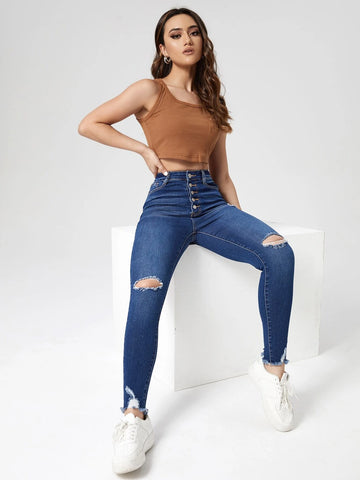 High Waist Button Front Ripped Raw Hem Skinny Jeans