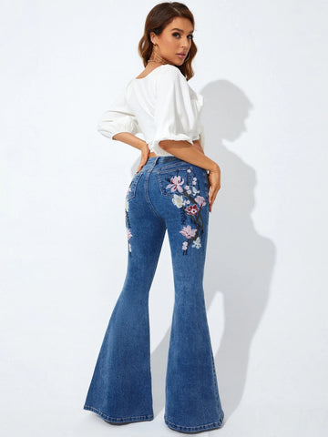 Floral Embroidery Flare Leg Jeans