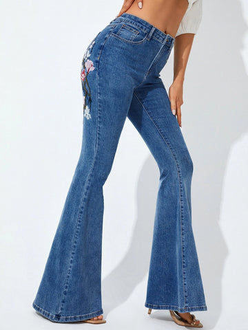 Floral Embroidery Flare Leg Jeans