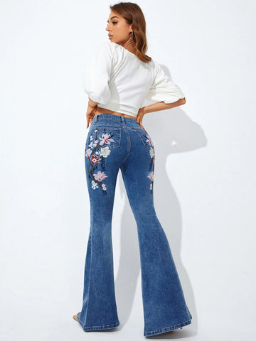 Floral Embroidery Flare Leg Jeans