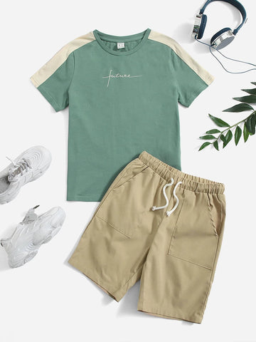 Boys Letter Graphic Tee & Drawstring Waist Shorts Set