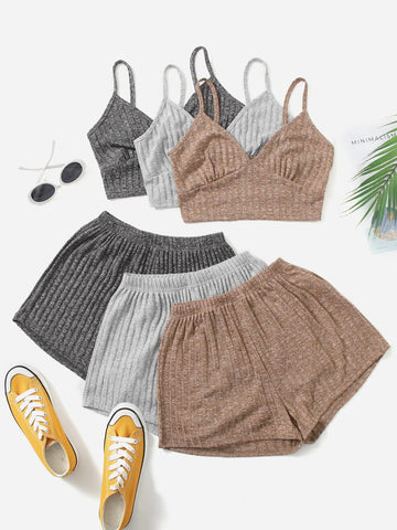 3 Sets Marled Rib Knit Lounge Set