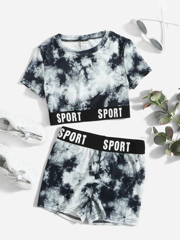 Girls Tie Dye Print Letter Tape Tee & Shorts Set