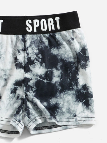 Girls Tie Dye Print Letter Tape Tee & Shorts Set