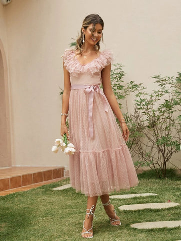Simplee Ruffle Trim Belted Dobby Mesh Dress