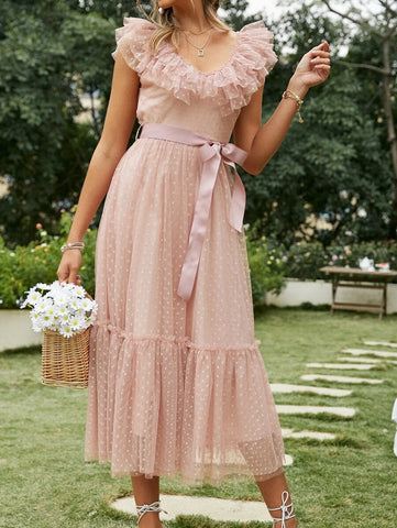 Simplee Ruffle Trim Belted Dobby Mesh Dress