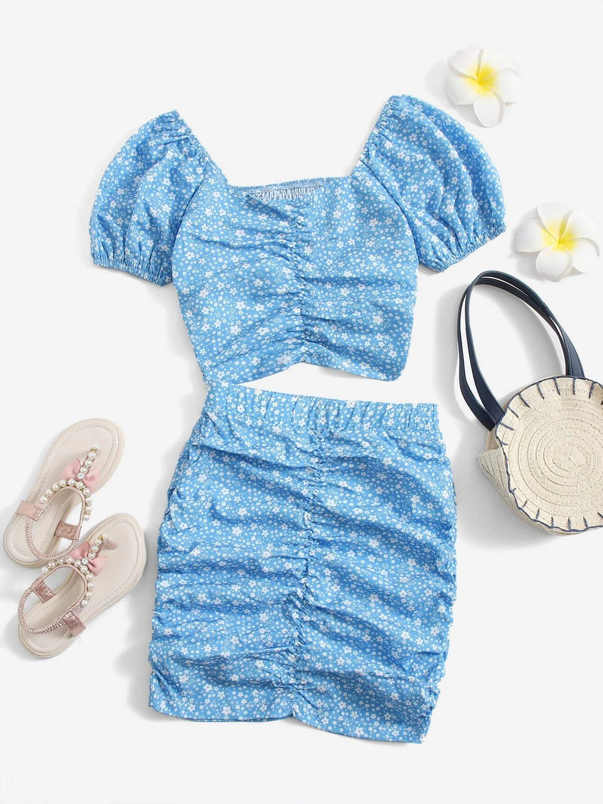 Girls Ditsy Floral Puff Sleeve Ruched Front Top & Skirt Set