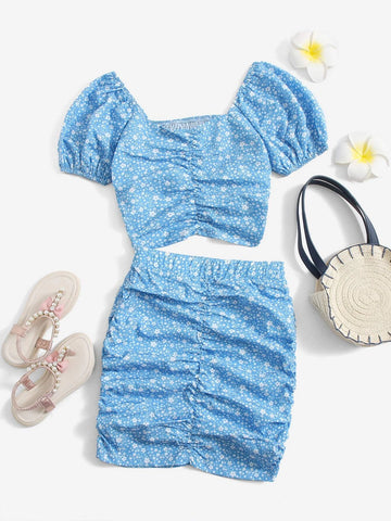 Girls Ditsy Floral Puff Sleeve Ruched Front Top & Skirt Set