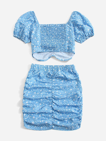Girls Ditsy Floral Puff Sleeve Ruched Front Top & Skirt Set