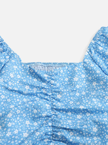 Girls Ditsy Floral Puff Sleeve Ruched Front Top & Skirt Set