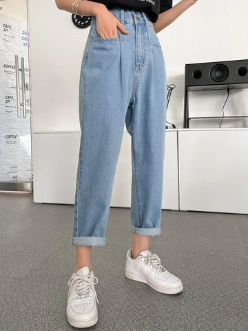 DAZY Double Button Pocket Front Washed Mom Fit Jeans