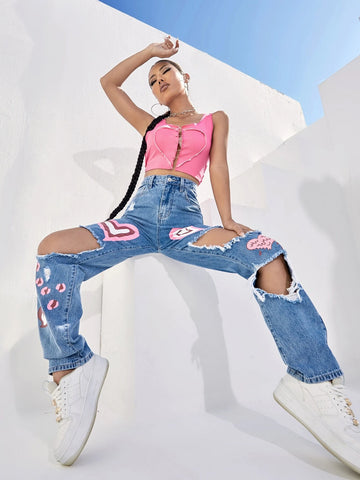 High Waist Heart Print Cut-out Jeans