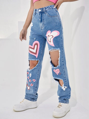 High Waist Heart Print Cut-out Jeans