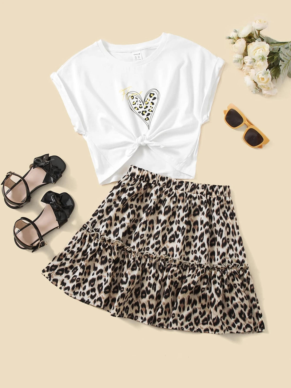 Girls Heart Print Tee & Leopard Ruffle Hem Skirt Set